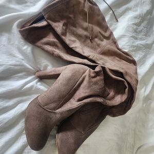Taupe Foux Knee High Heeled Boots